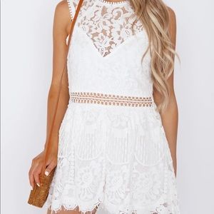 White lace romper. Bridal shower or bachelorette